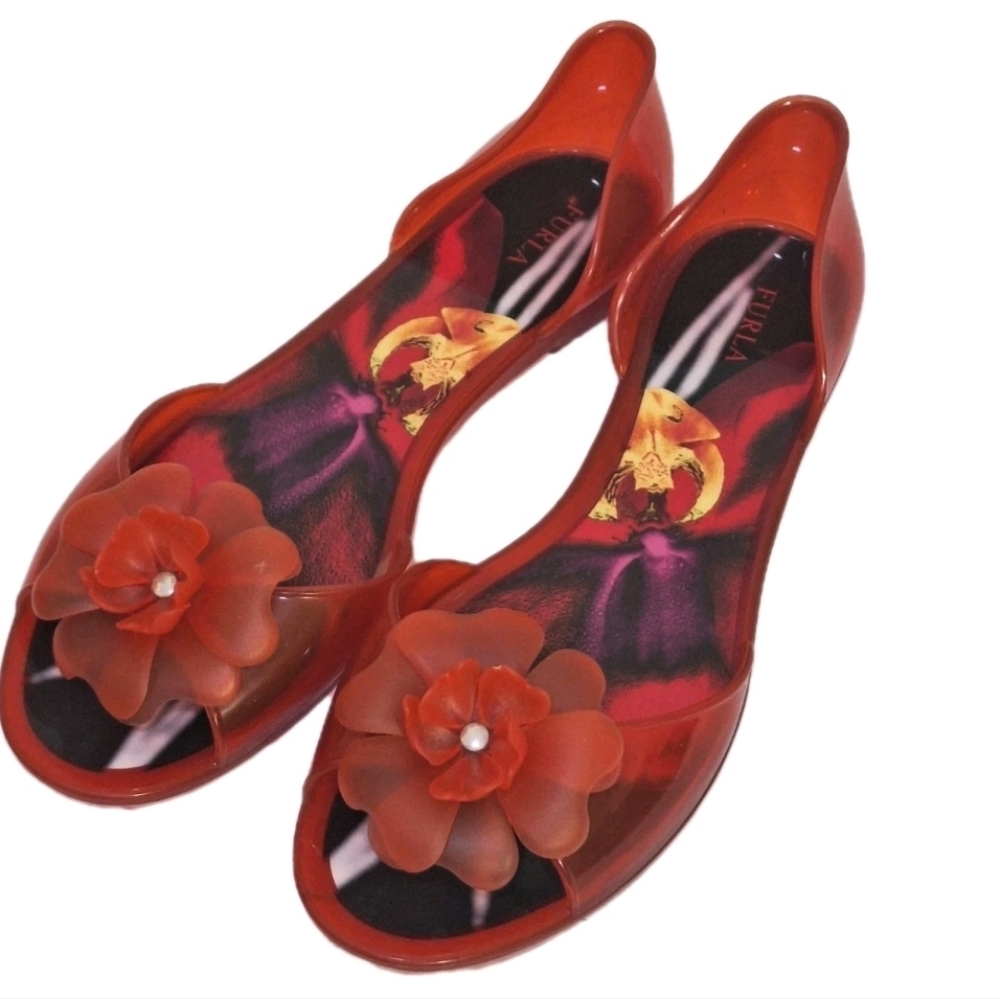 Furla Candy Jelly Flat Peep Toe Sandals Red Orange With Flower Size 39 / 8 - 8.5